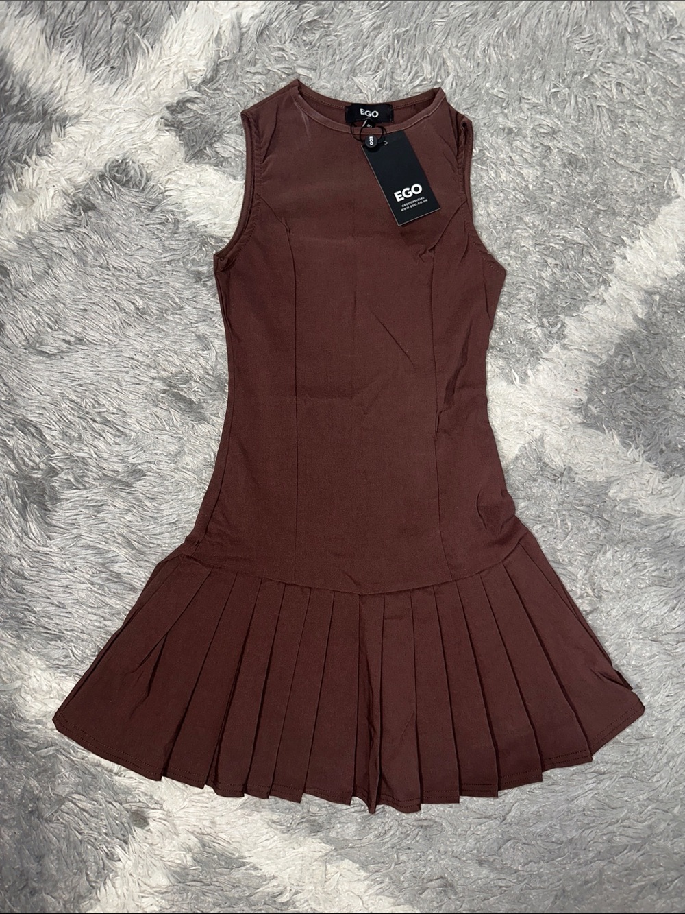 EGO Sleeveless Pleated-Hem Mini Dress — Brown